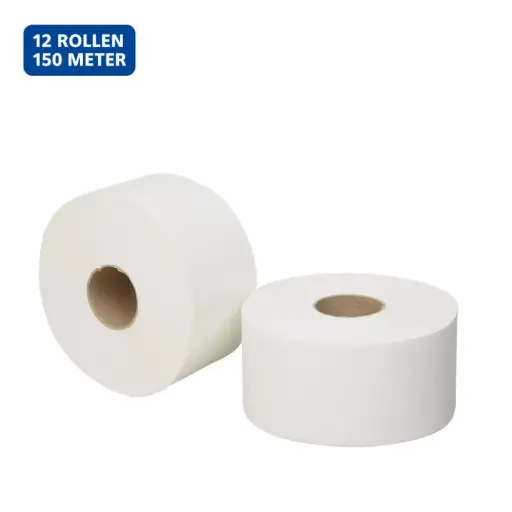 [NS140049] Mini Jumbo Toiletpapier Cellulose Wit 2-Laags – 12 Rollen x 150 Meter – 9 cm Breed – Kern 60 mm – Voor Drukbezochte Sanitaire Ruimtes