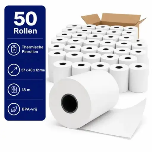 [NM120180] Thermische Pinrollen 57 x 40 x 12 mm – 18 Meter – 48 grams – BPA-vrij – Kassarollen / Bonrollen – 50 Stuks