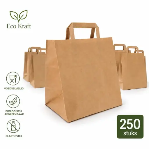 [NM120129] Papiertassen Middel Bruin 26+17x27 cm – 250 Stuks – Kraft Papieren Draagtassen – Biologisch Afbreekbaar – Plasticvrij – Voedselveilig – Voor Take Away en Thuisbezorging