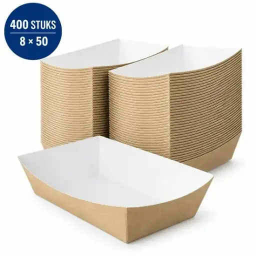 [NM120059] Frietbakjes A14 Kraft/Wit BIO – 400 Stuks – 15 x 8,5 x 4,3 cm – Kartonnen Snackbakjes voor Friet, Kibbeling & Snacks