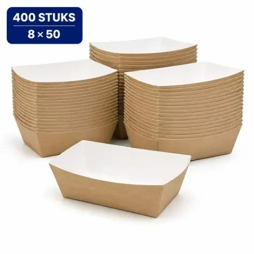 [NM120065] Frietbakjes A9 Kraft/Wit BIO – 400 Stuks – Kartonnen Snackbakjes 11,4 x 6,7 x 3,9 cm – Voor Friet, Kibbeling en Takeaway