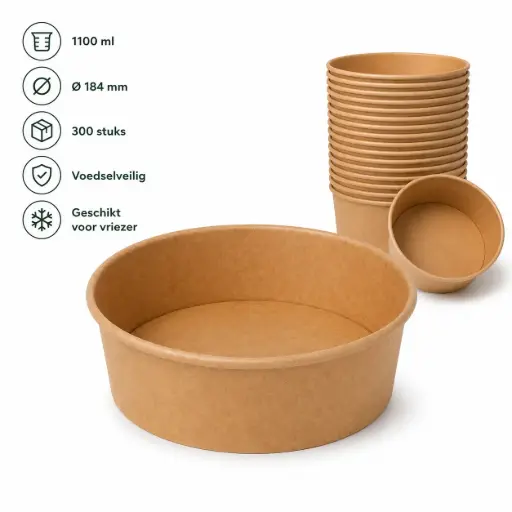 [NM120141] Salade- en Bowls 1100 ml – 300 Stuks – 38oz - Ø 18,4 cm – Kraft  Kartonnen Bowls met PE-Coating voor Warme en Koude Gerechten